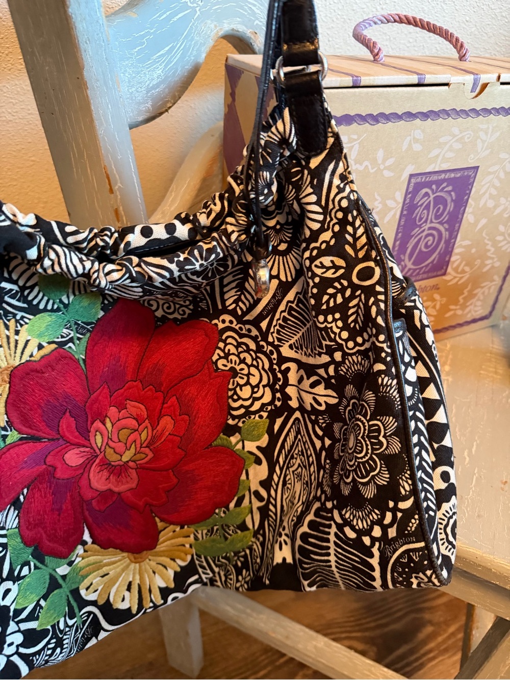 Brighton Black & White Floral Shoulder Bag with Red Appliqué